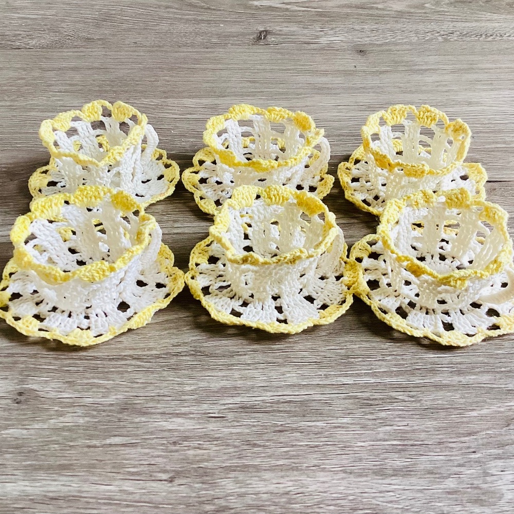 Set Of 6 Crochet Mini Tea Cup Saucer Table Setting Decor Easter Spring Egg Candy